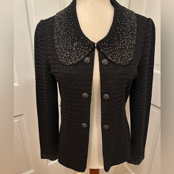 MING WANG Knit Jacket Black Rhinestone Metallic XS Cocktail Glam Embellished - Picture 15 of 15